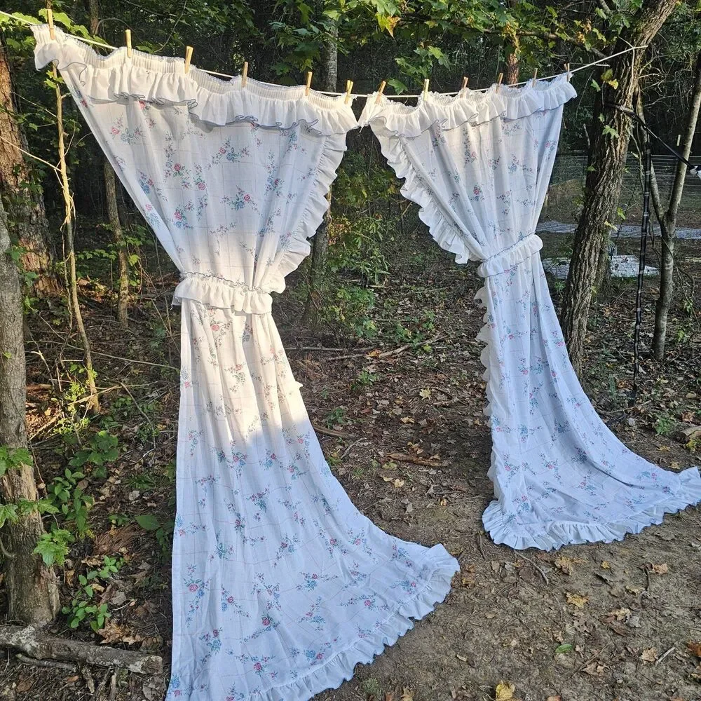 Vintage White Floral Ruffled Curtain Panels Pink & Blue Cottagecore Grannycore